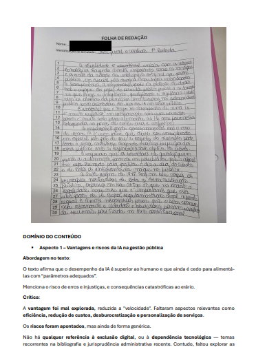 Correção real de resposta manuscrita sobre vantagens e riscos da inteligência artificial na gestão pública, com análise de conteúdo e crítica da equipe